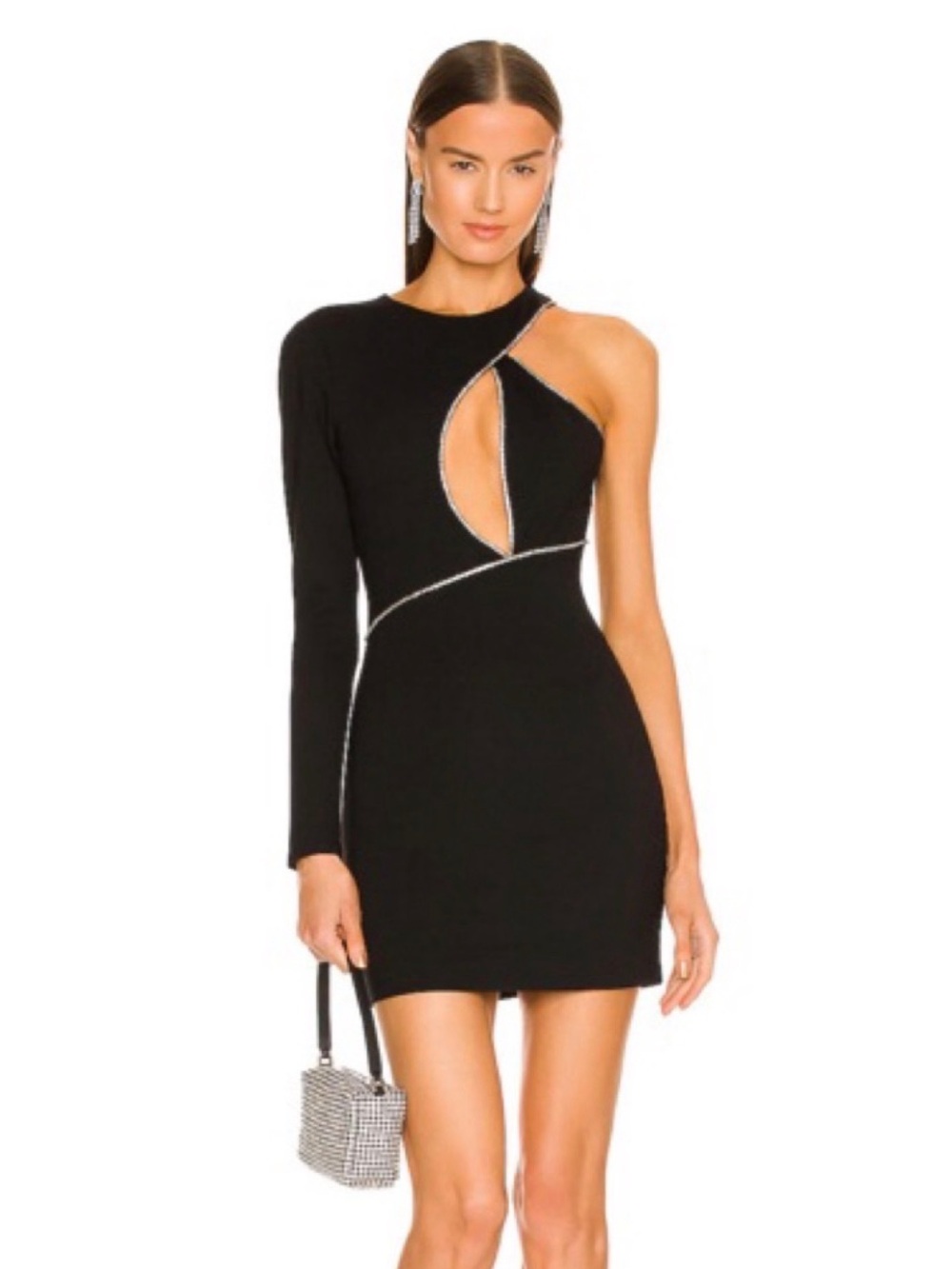 NBD Nevaeh Black Mini Rhinestone Trim Cutout One Shoulder Dress XXS